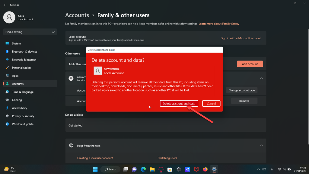 حذف یوزر در ویندوز